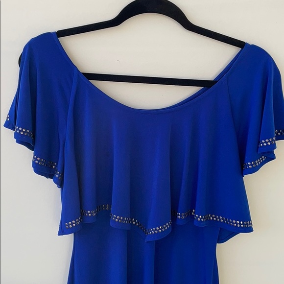 Guess Blue Cold Shoulder Ruffle Studded Dress - Picture 3 of 5